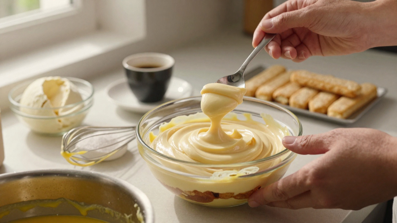 Mãos a preparar tiramisù, com uma taça de creme amarelo, biscoitos e café numa bancada de cozinha.