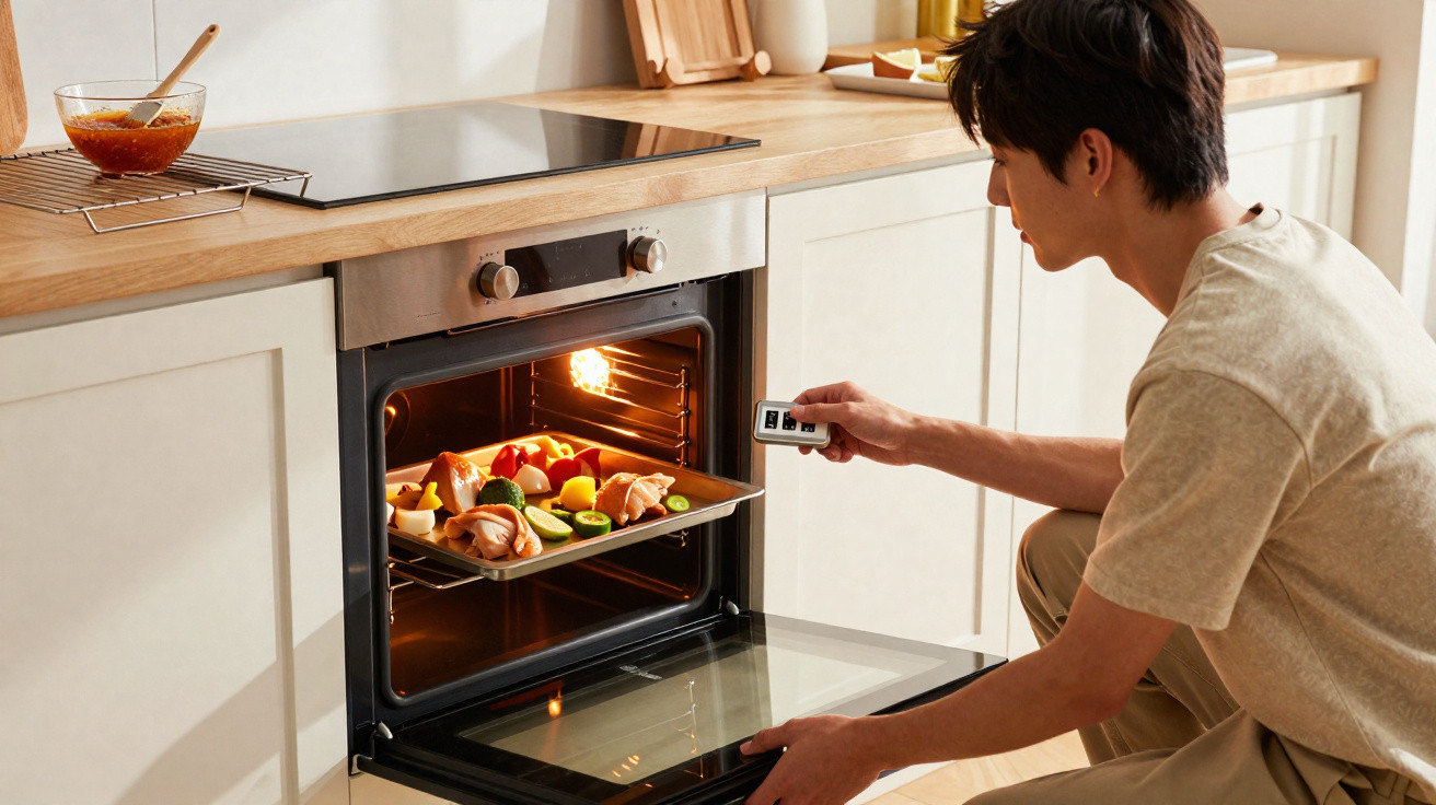 Pessoa a colocar uma tabuleiro com legumes e pedaços de frango num forno numa cozinha moderna.