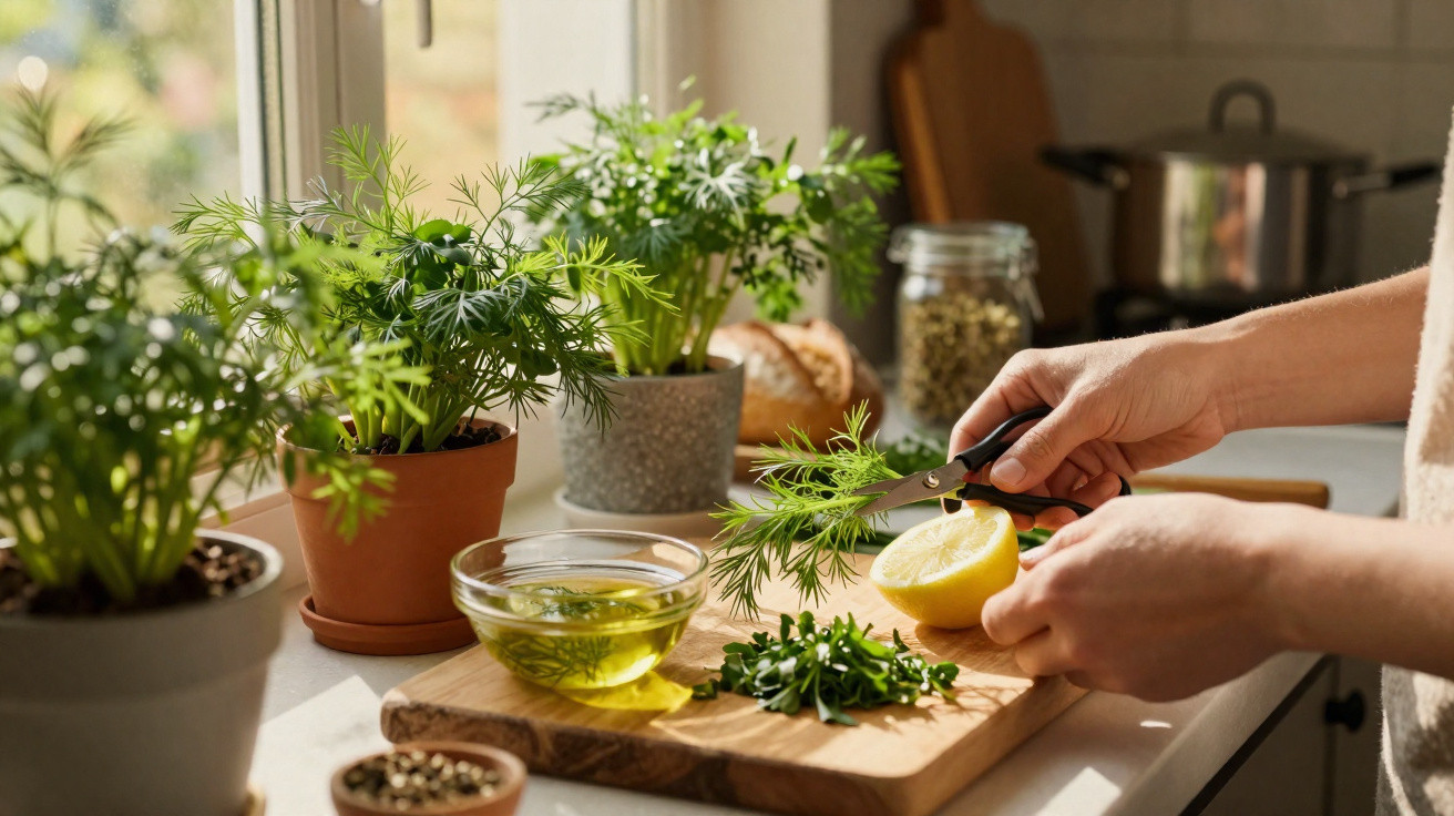 Mãos a cortar ervas frescas numa cozinha iluminada, com limão, azeite e vasos de plantas na janela.