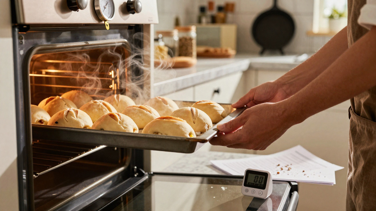 Pessoa a retirar tabuleiro com pãezinhos quentes e fumegantes do forno numa cozinha doméstica.