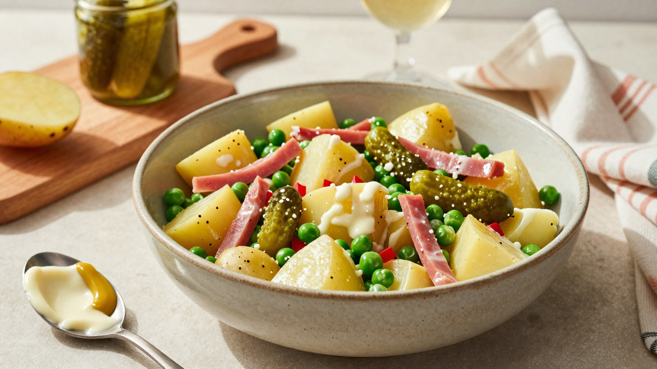 Salada de batatas com ervilhas, pepinos em conserva, tiras de fiambre e molho numa taça cinza.