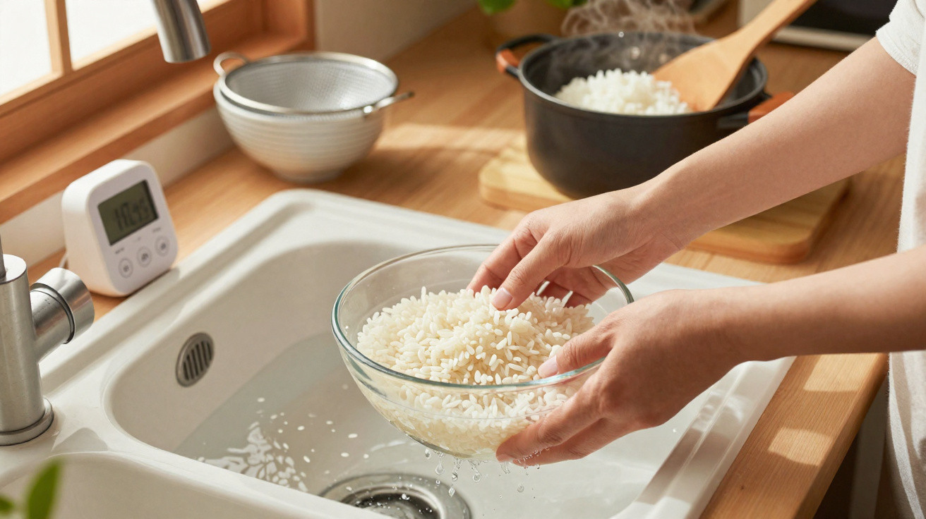 Pessoa a lavar arroz num recipiente de vidro numa cozinha iluminada por luz natural junto à pia.