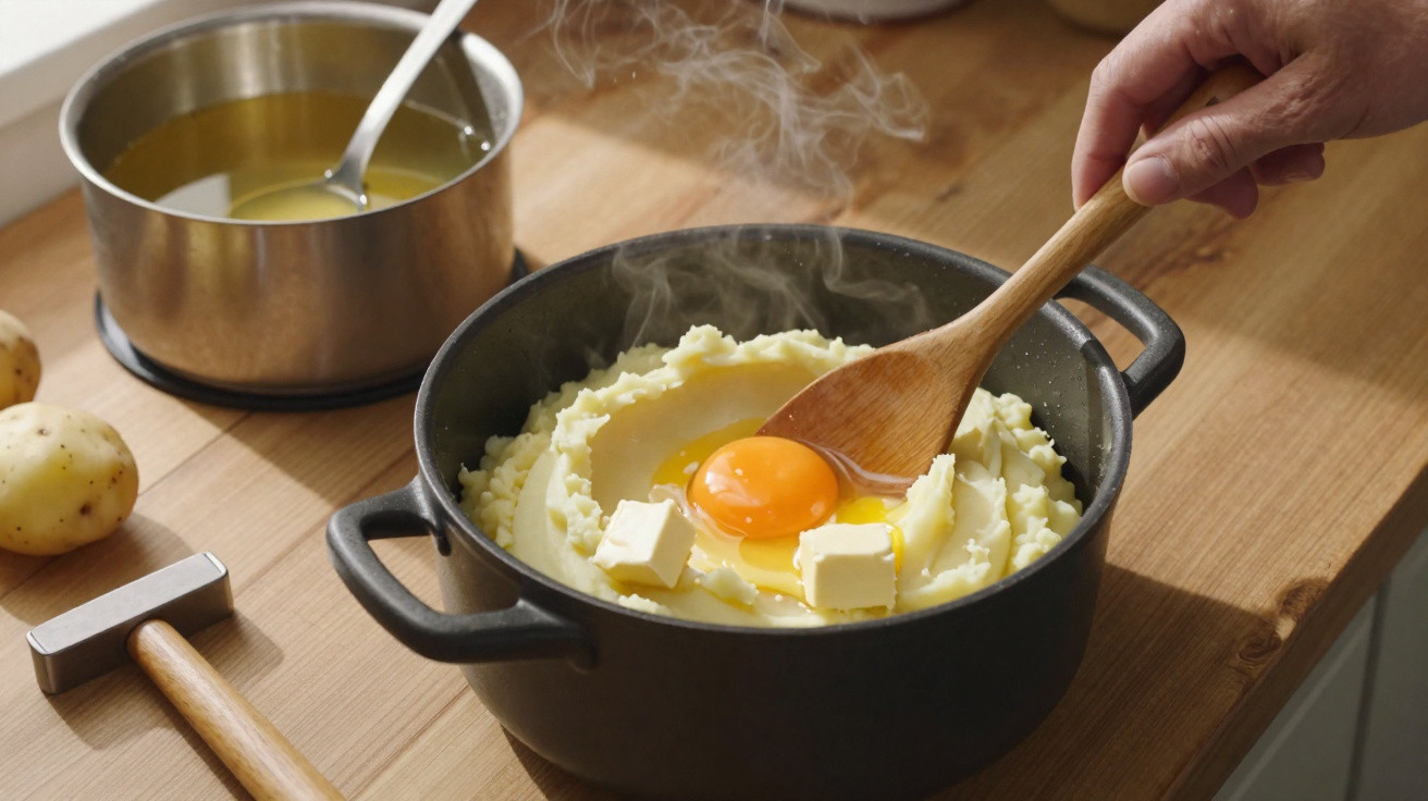 Mãos a misturar puré de batata quente com gema de ovo e cubos de manteiga numa panela preta.