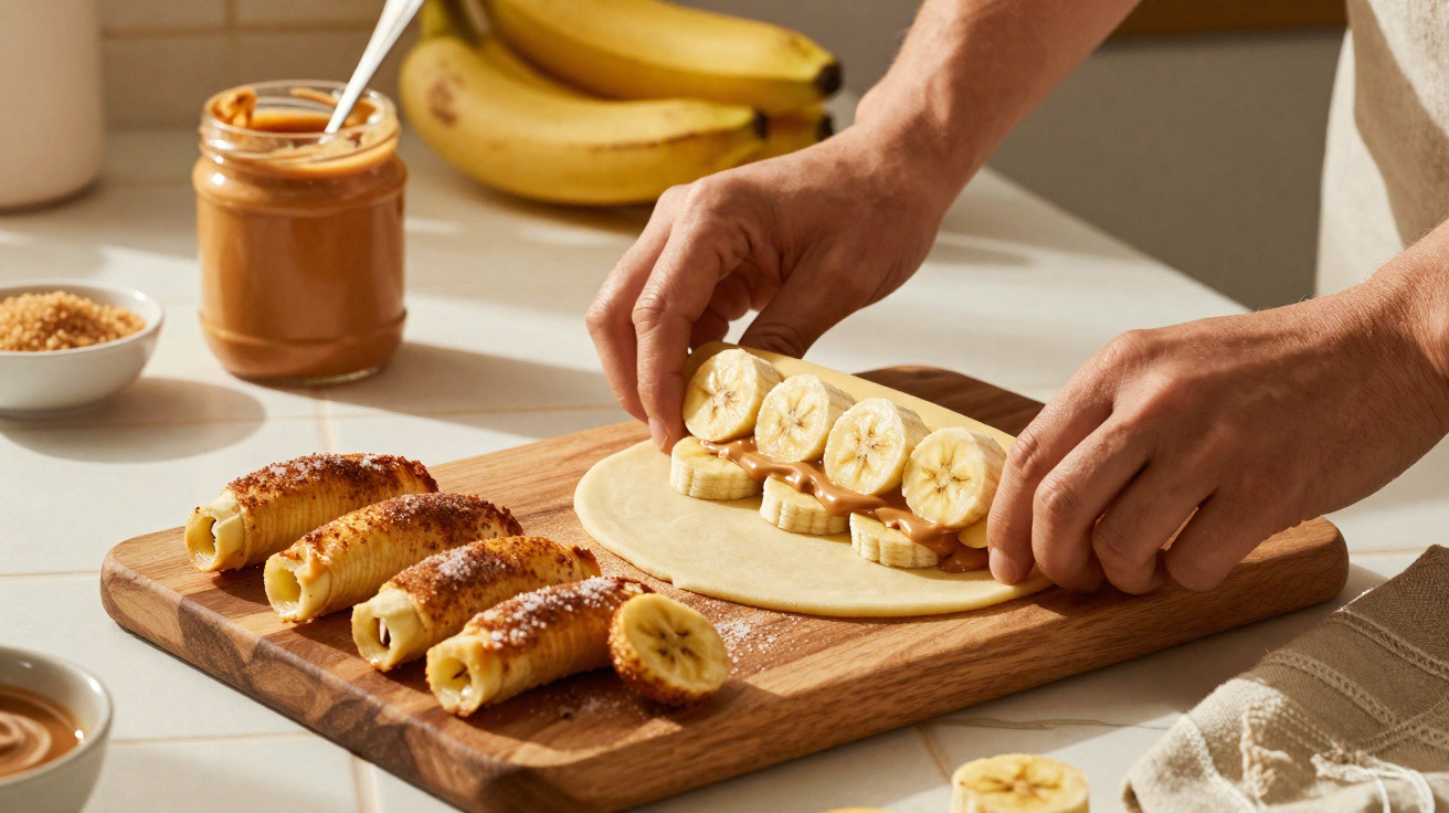 Mãos a enrolar uma massa com banana e manteiga de amendoim sobre tábua de madeira com rolinhos prontos.