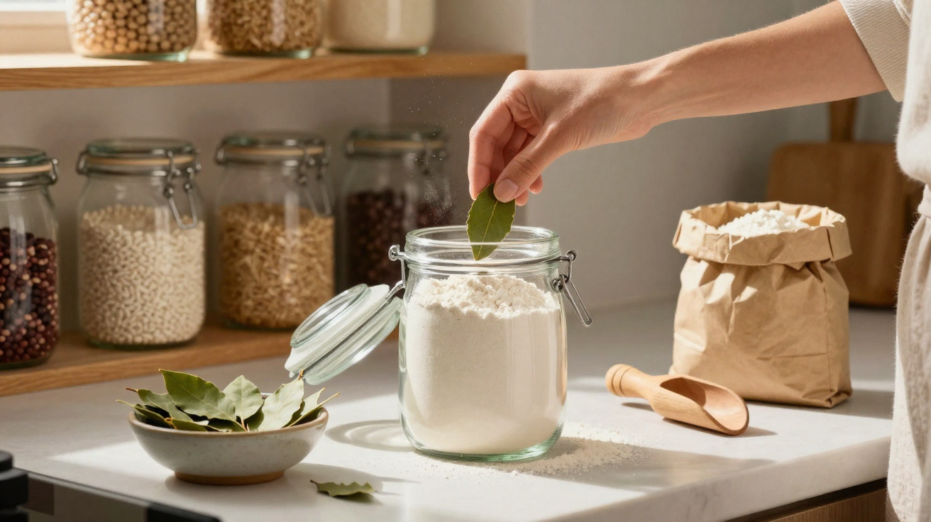 Mão a colocar folha de louro num frasco de vidro com farinha numa cozinha com frascos e saco de papel.