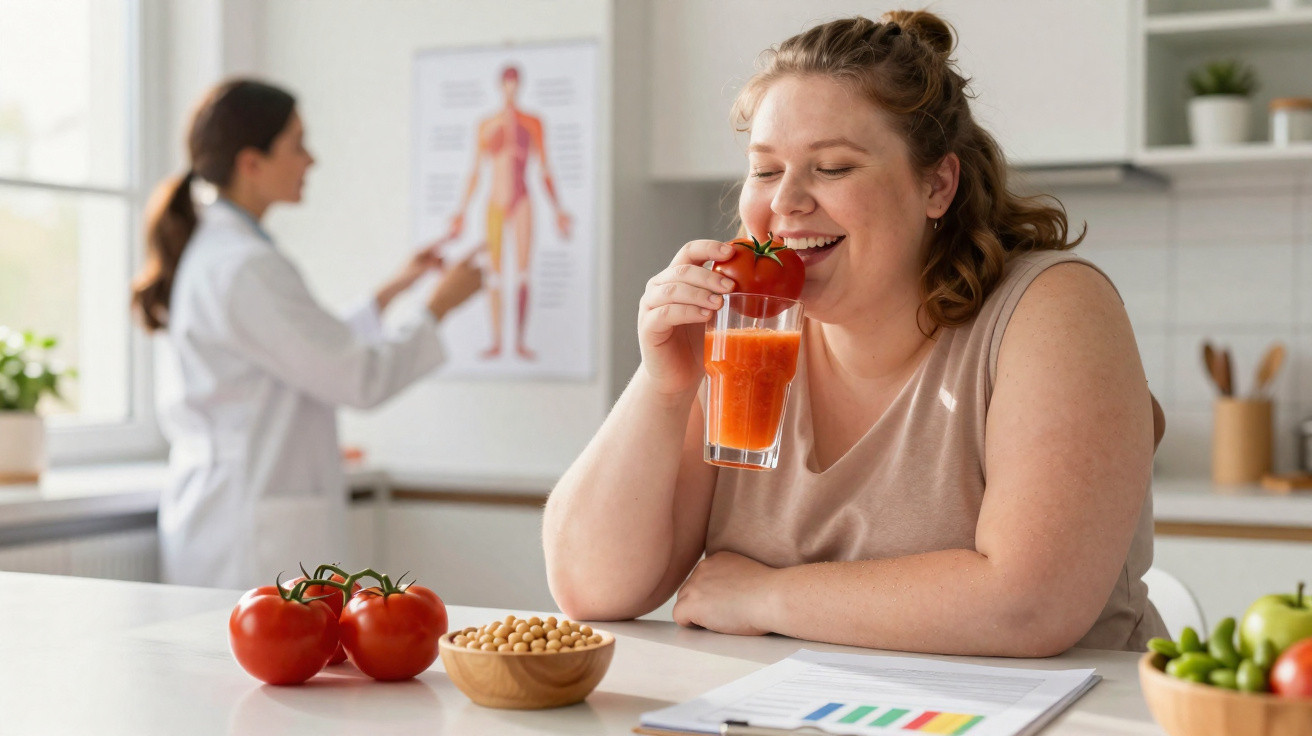 Mulher sorridente a beber sumo de tomate, com legumes e nutricionista ao fundo numa consulta.