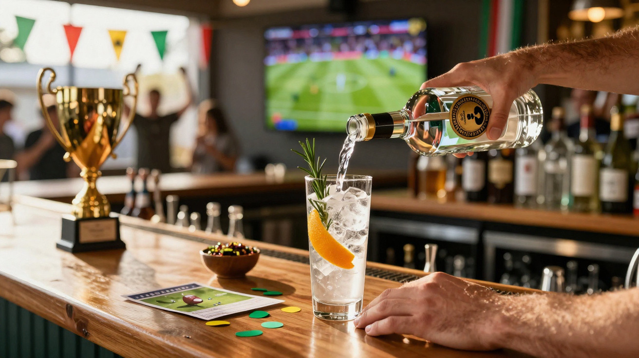 Bar com taça dourada, bebida a ser servida e televisão a mostrar jogo de futebol ao fundo.