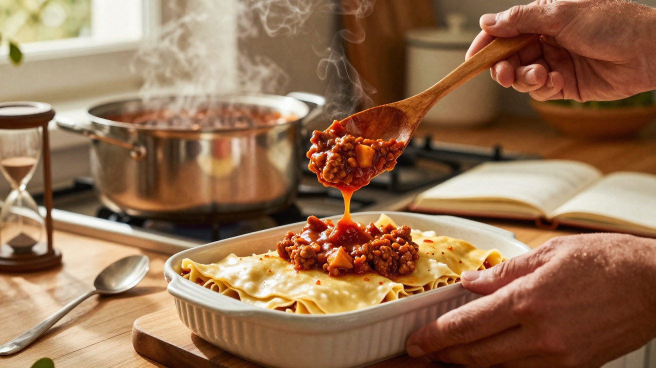 Pessoa a colocar molho de carne quente sobre lasanha numa travessa branca na cozinha.