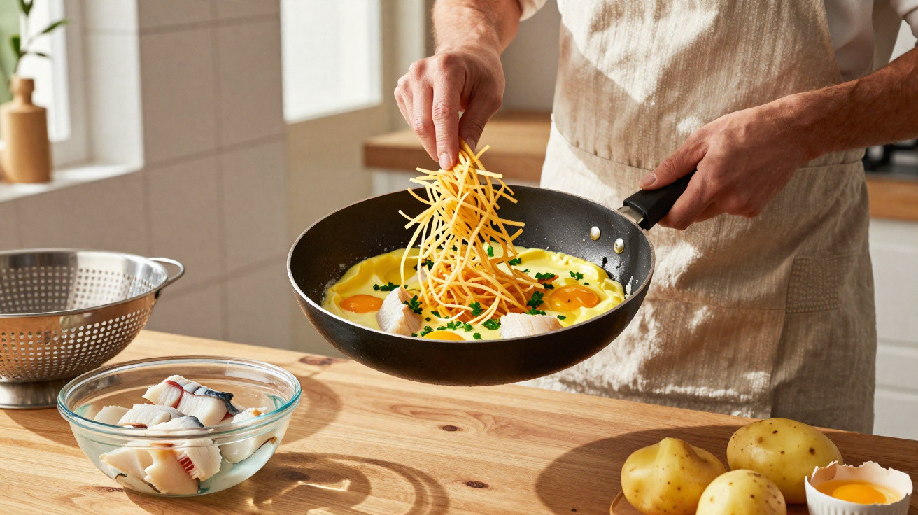 Pessoa a adicionar batata palha a omelete com ovos e peixe numa frigideira numa cozinha iluminada.