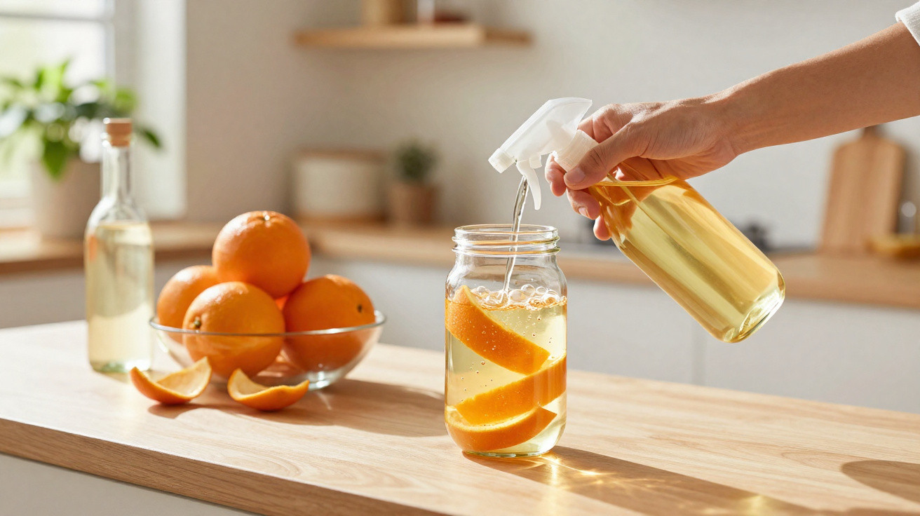 Pessoa a encher um frasco com líquido amarelo e cascas de laranja numa cozinha iluminada.