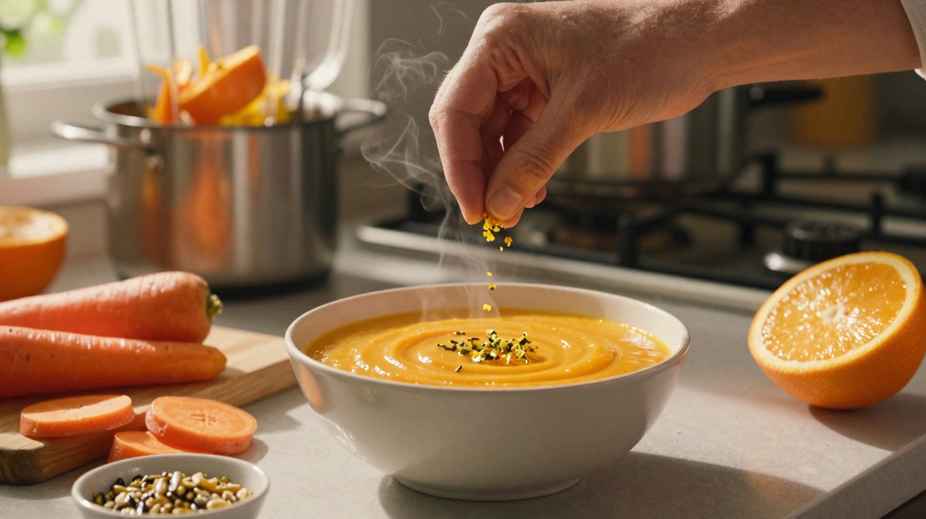 Mão polvilha sementes numa tigela de sopa cremosa de cenoura, com cenouras e laranja à volta na bancada da cozinha.
