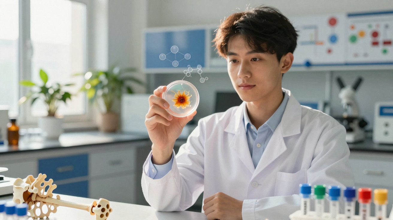 Cientista observa cultura celular em placa de Petri num laboratório moderno e bem iluminado.
