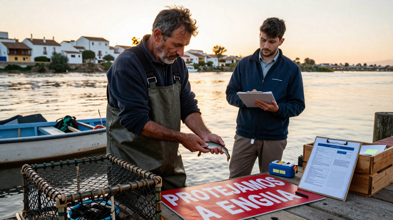 Dois homens analisam uma enguia ao pôr do sol num cais com um cartaz "Protejamos a enguia".
