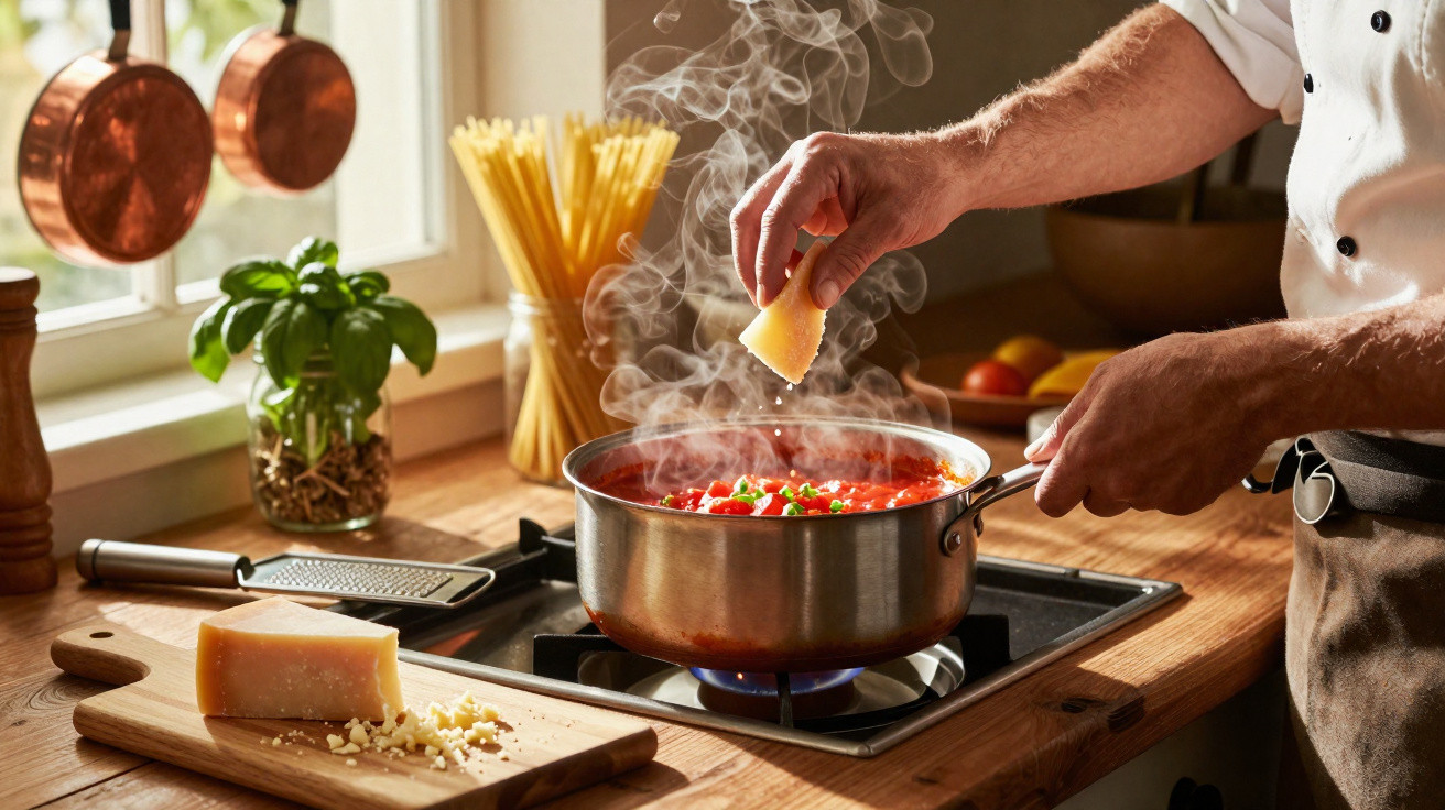 Pessoa a adicionar queijo ralado a molho quente numa panela numa cozinha com macarrão e manjericão ao fundo