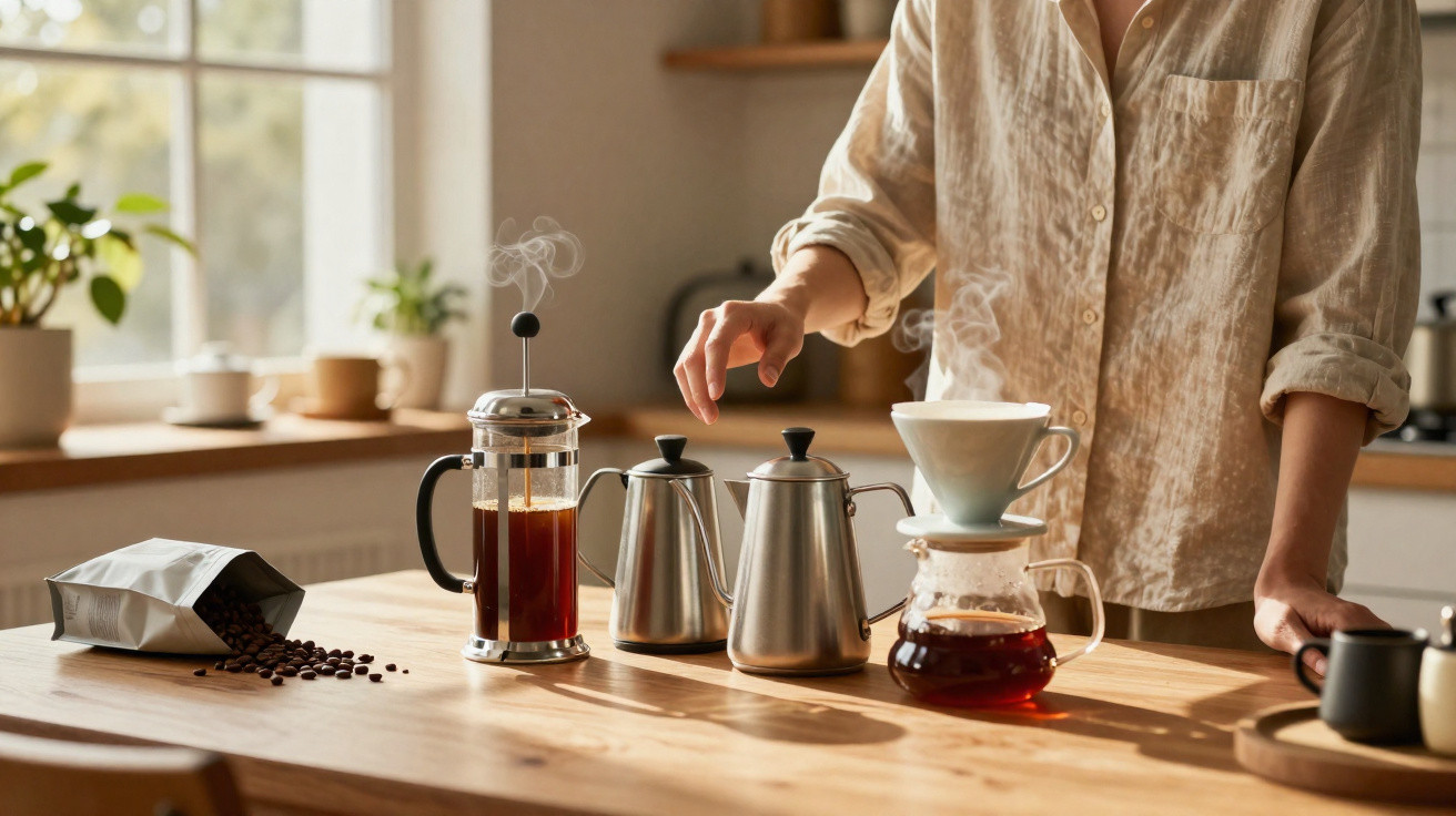 Pessoa a preparar café com prensa francesa, cafeteiras de metal e filtro de vidro numa cozinha iluminada.