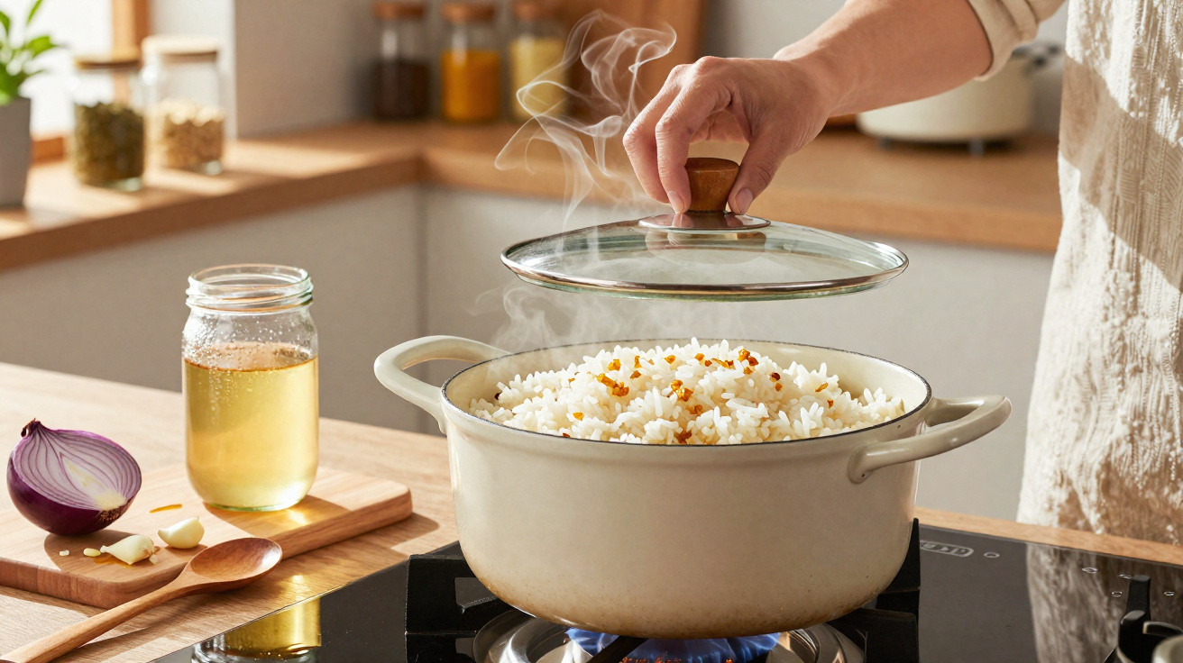 Panela com arroz quente a ser destapada numa cozinha, com utensílios e ingredientes ao lado.