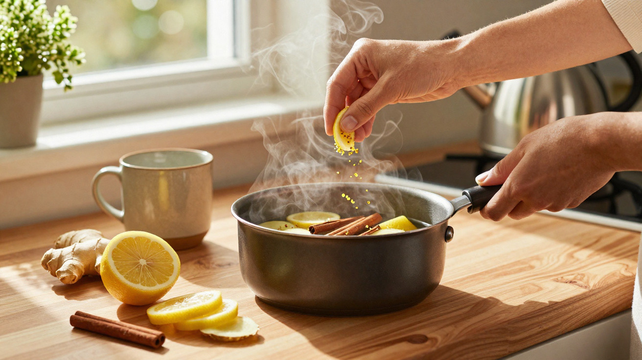 Mãos a temperar uma panela com fatias de limão e paus de canela numa cozinha iluminada.