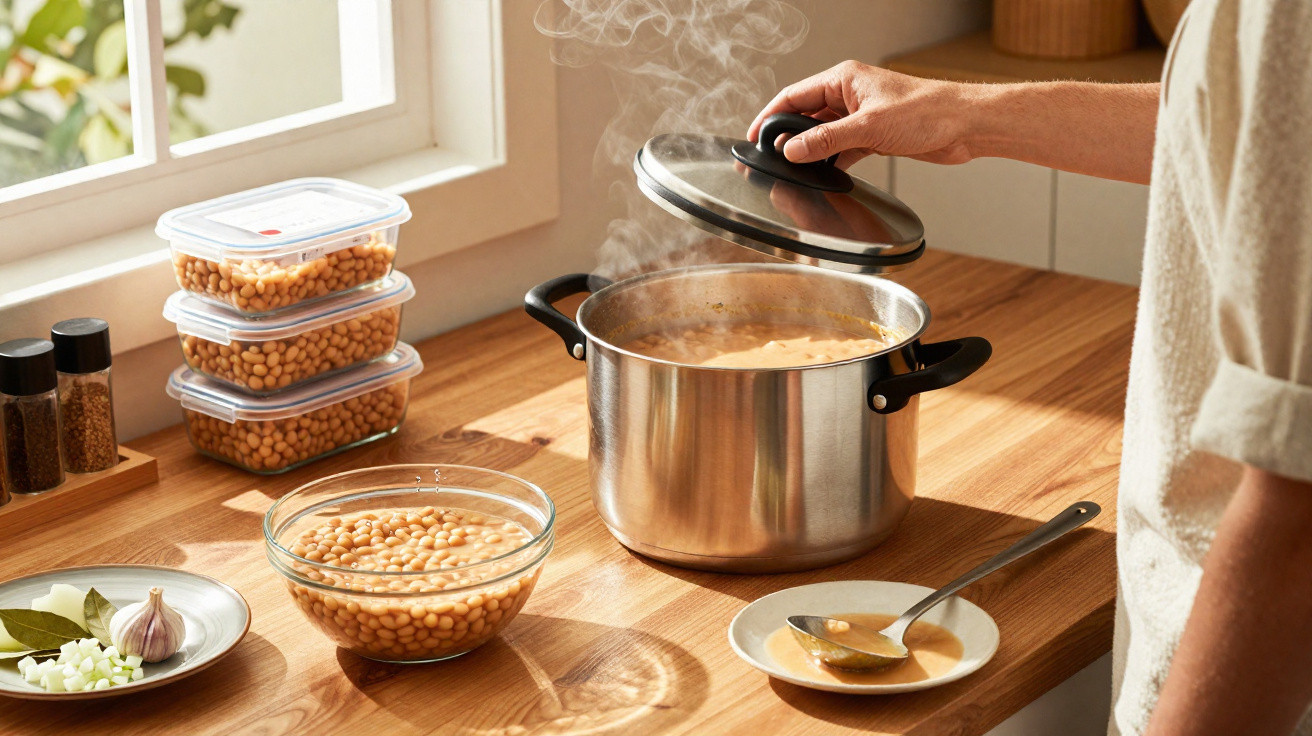 Pessoa a tirar tampa de panela com sopa fumegante numa cozinha luminosa com ingredientes à volta.