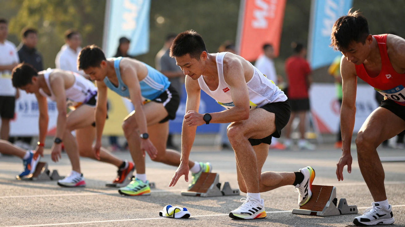 Atletas preparados na linha de partida de uma corrida em pista ao ar livre durante o dia.