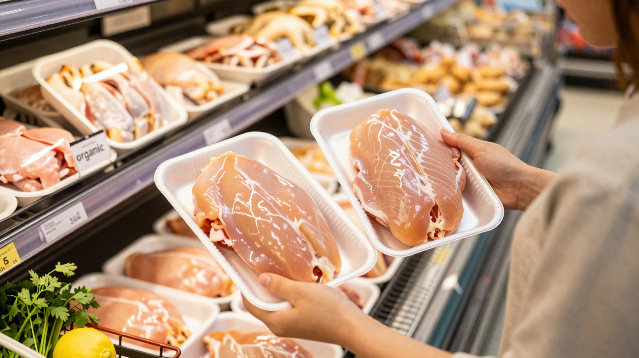 Pessoa segura duas bandejas com peitos de frango embalados em plástico num supermercado.