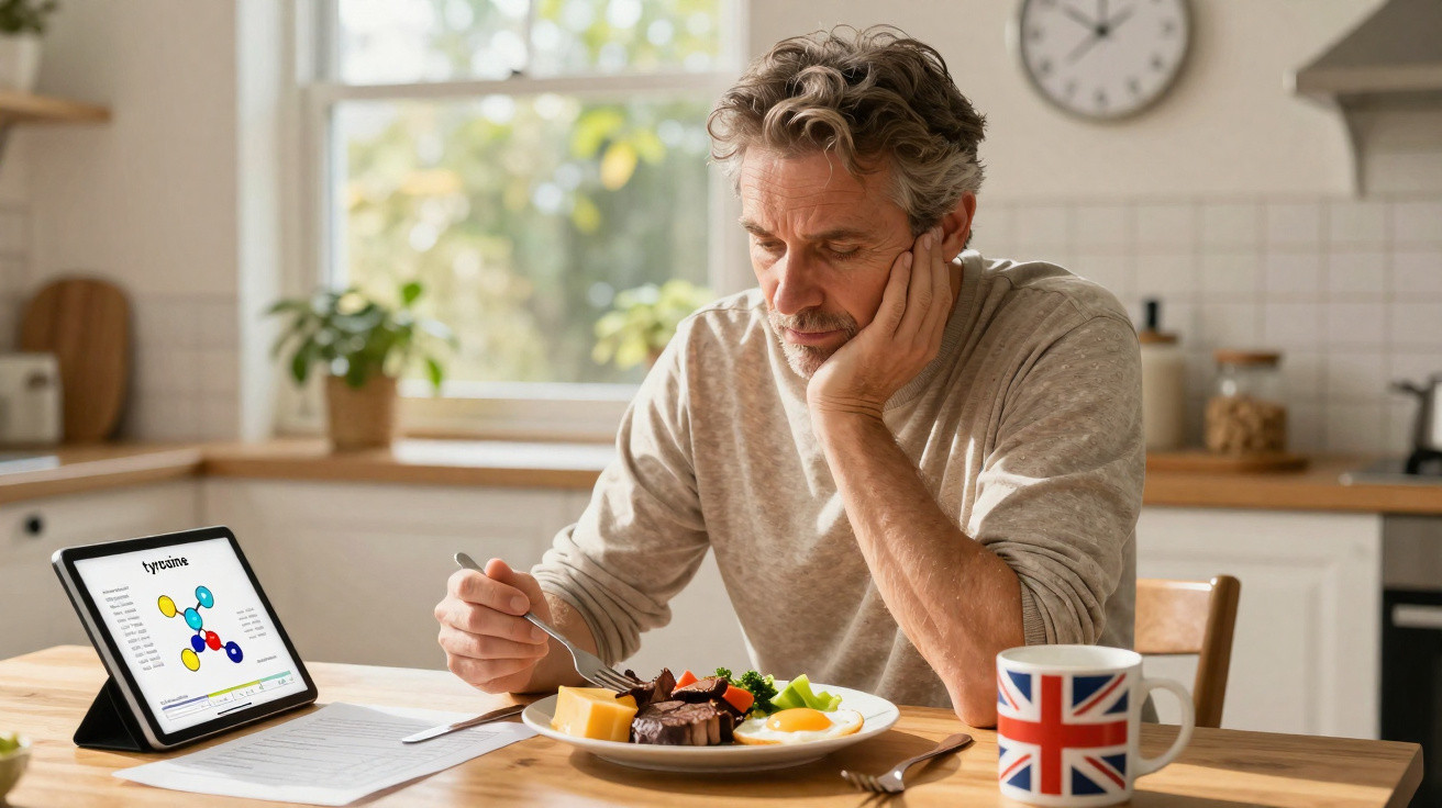 Homem a almoçar enquanto analisa informação num ecrã digital numa cozinha luminosa.