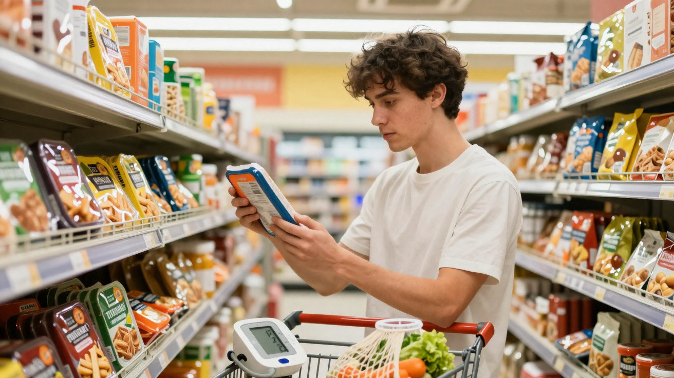 Jovem de camisa branca examina embalagem de produto num corredor de supermercado com carrinho cheio de legumes.