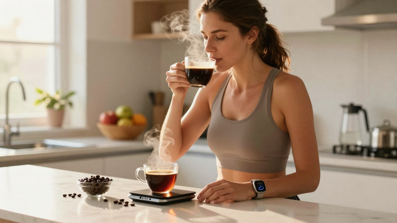 Mulher jovem a beber café quente numa cozinha moderna e luminosa, com chávena a fumegar em cima do balcão.