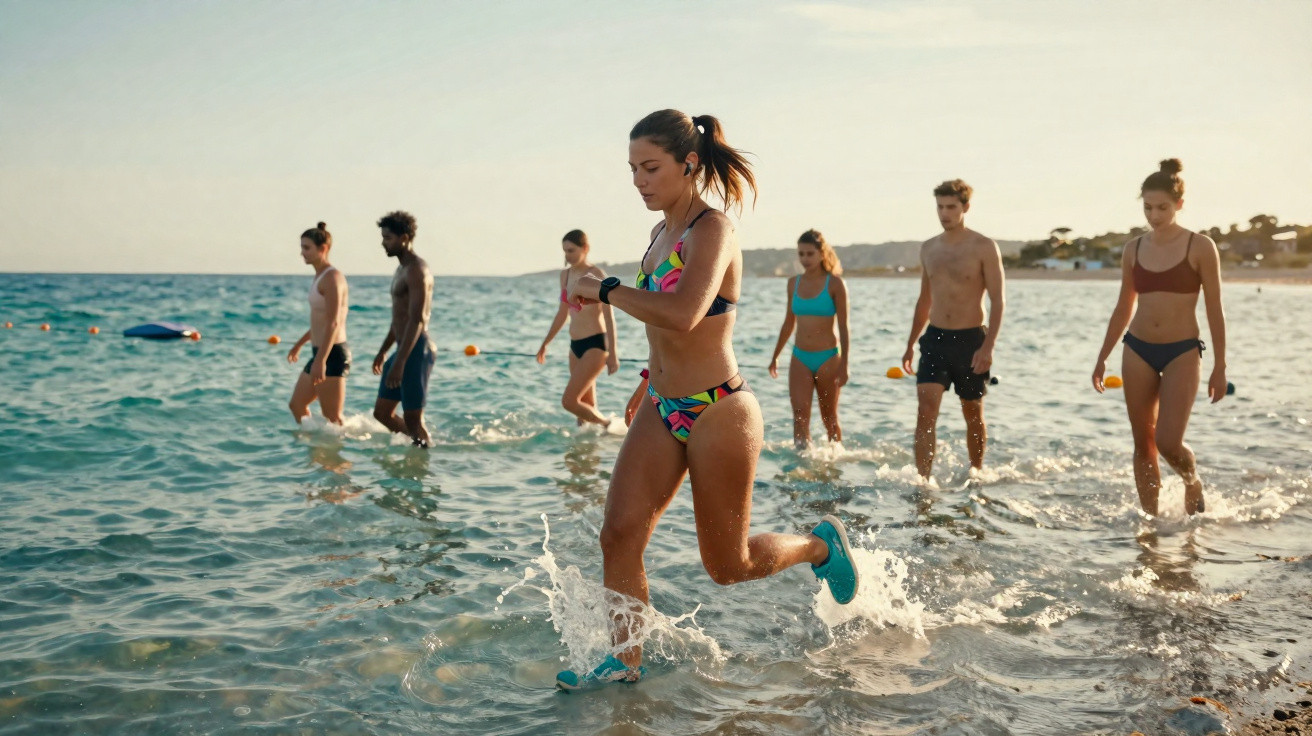 Grupo de jovens a correr e caminhar na água do mar numa praia ao amanhecer.