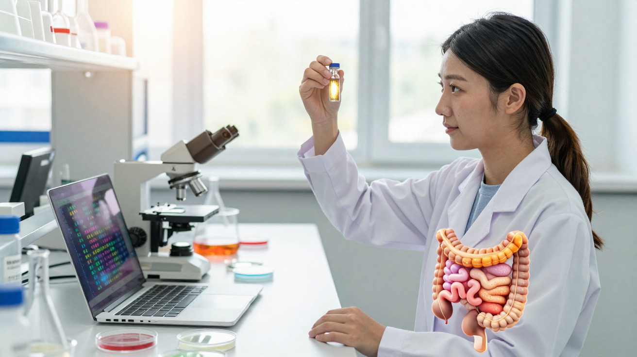 Cientista a analisar frasco com líquido no laboratório com intestinos destacados na imagem.