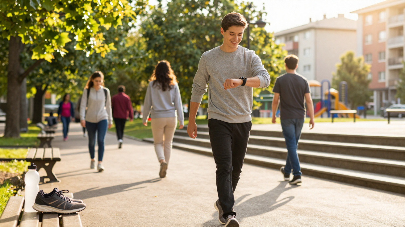 Jovem a caminhar num parque urbano ensolarado, consultando o relógio no pulso.