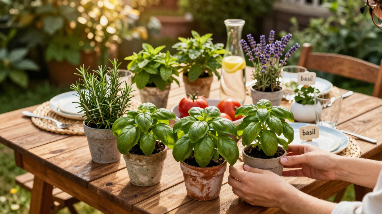 Mesa de madeira ao ar livre com plantas aromáticas em vasos e tomates frescos para refeição.