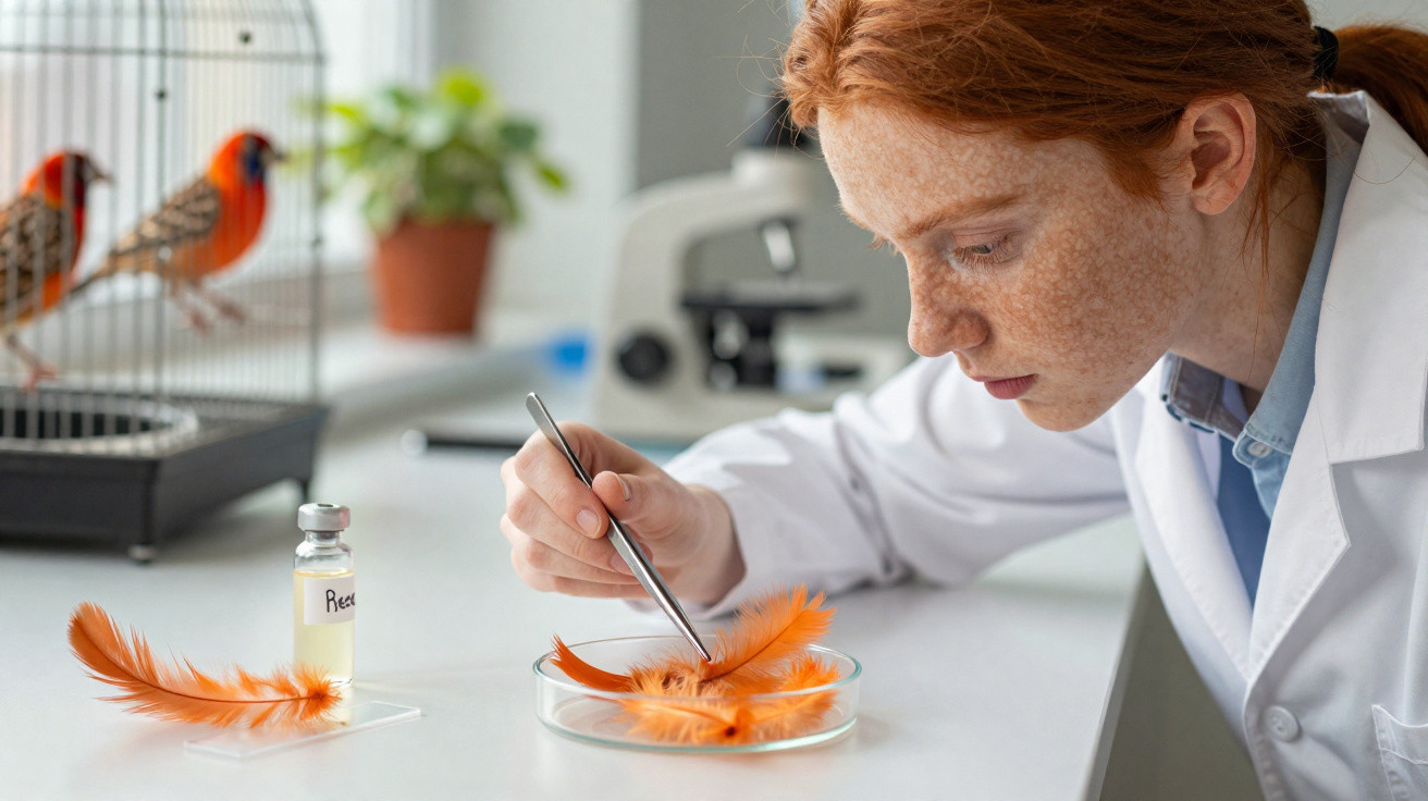 Cientista com bata branca examina penas laranja numa placa de Petri num laboratório com pássaros ao fundo.
