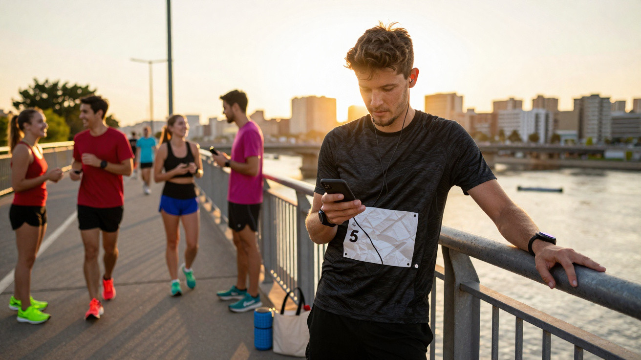 Jovem com roupa de corrida consulta telemóvel numa ponte ao pôr do sol, com outros corredores ao fundo.