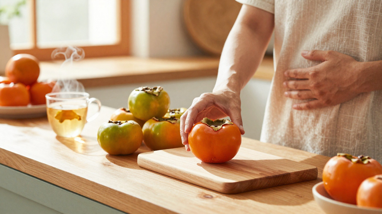 Pessoa a segurar caqui laranja sobre tábua de madeira, com chá quente e mais caquis na cozinha iluminada.
