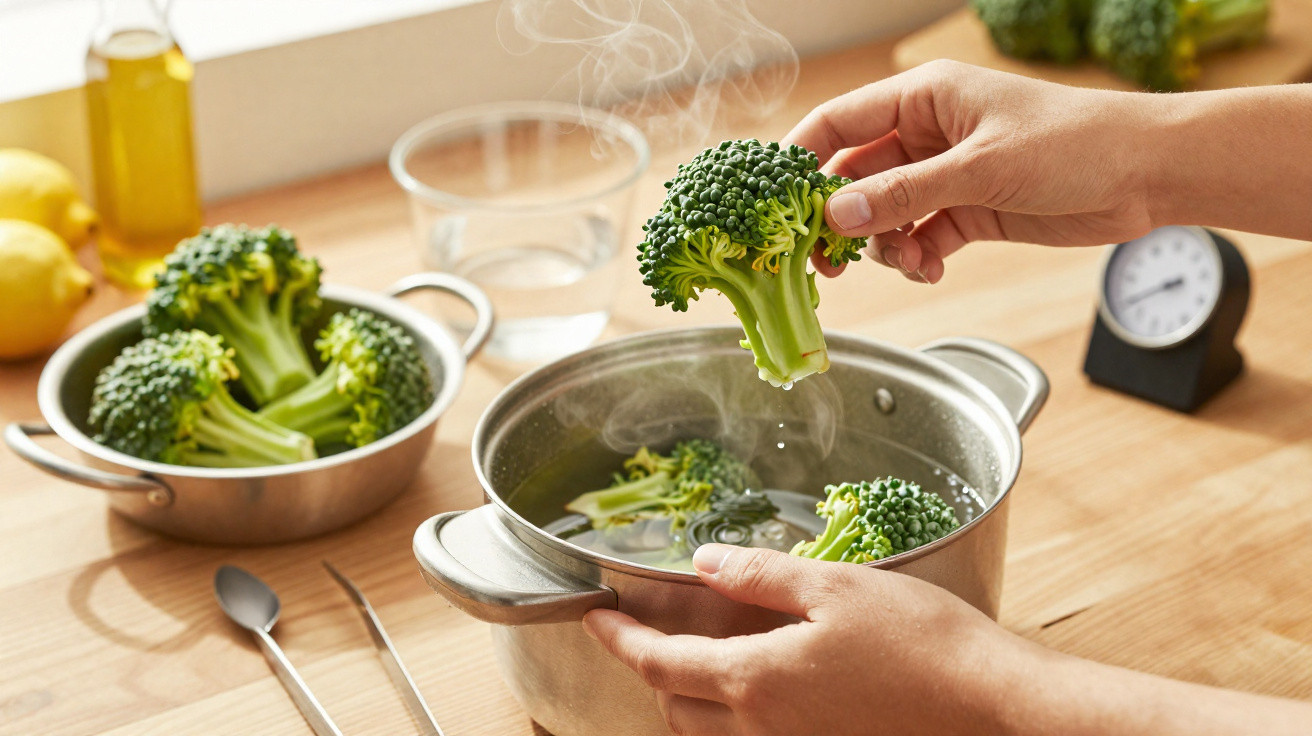 Pessoa a cozinhar brócolos ao vapor numa panela de aço inox num ambiente de cozinha.