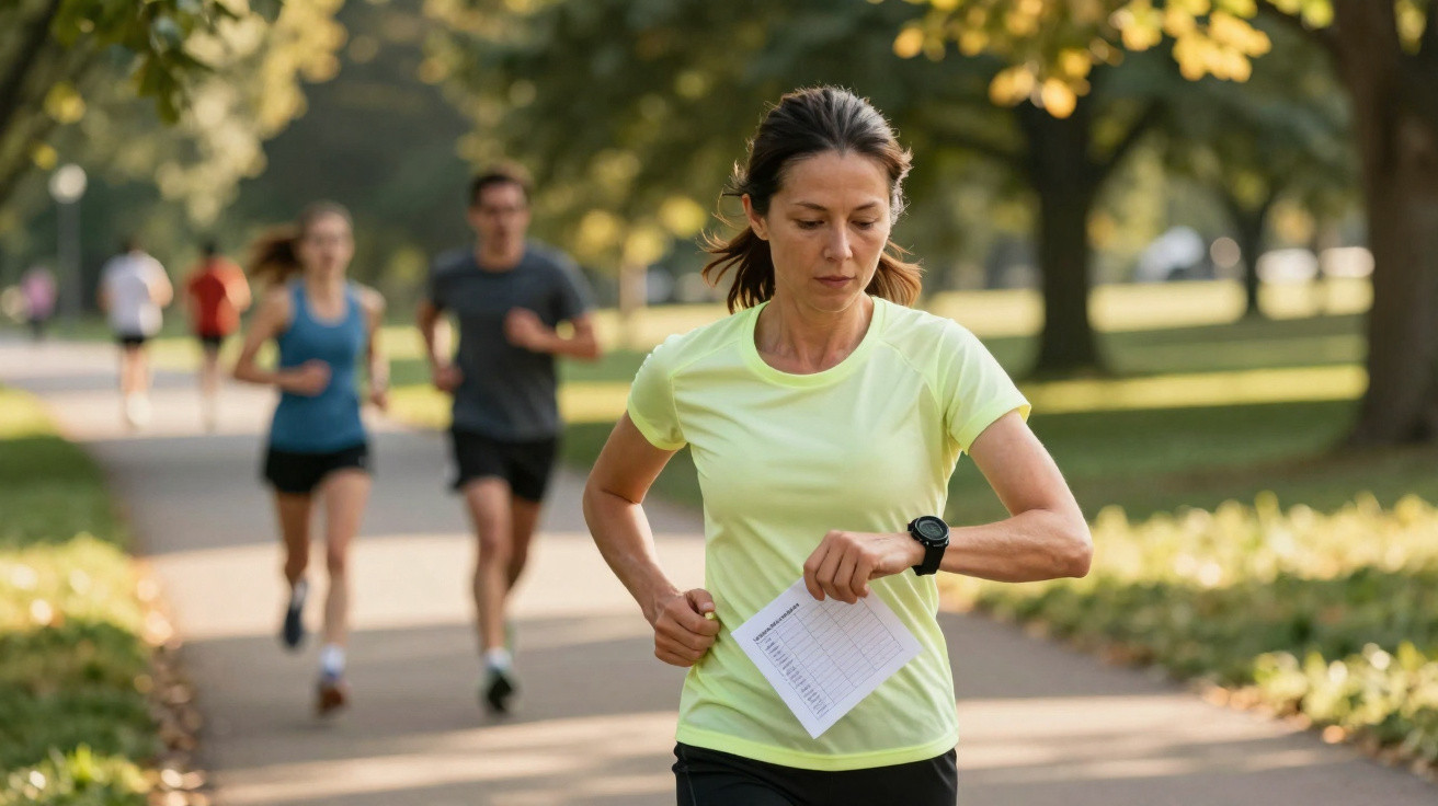 Mulher a correr num parque, a olhar para o relógio, com outras pessoas a correr ao fundo em dia ensolarado.