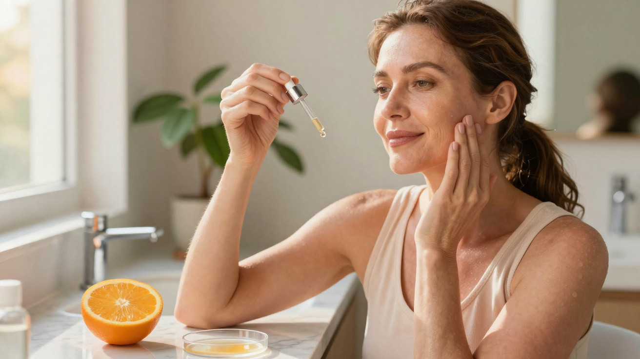 Mulher a aplicar sérum facial com conta-gotas junto a laranja cortada na cozinha luminosa.