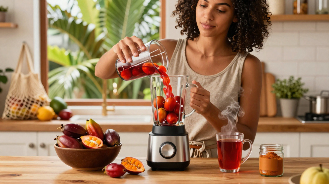 Mulher a preparar sumo com tomate numa liquidificadora numa cozinha iluminada, com frutas na bancada.
