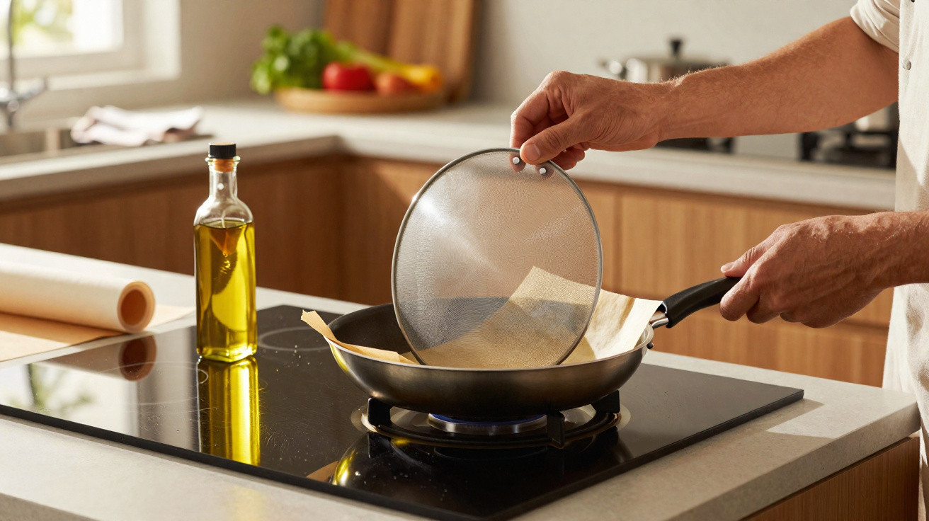 Pessoa a colocar uma tampa de rede num tacho sobre um fogão a gás numa cozinha moderna.
