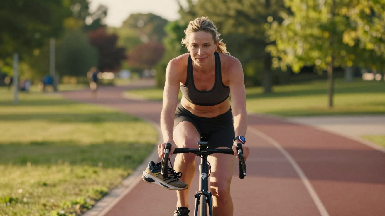 Mulher a pedalar bicicleta numa pista ao ar livre, rodeada de vegetação e sob luz natural.