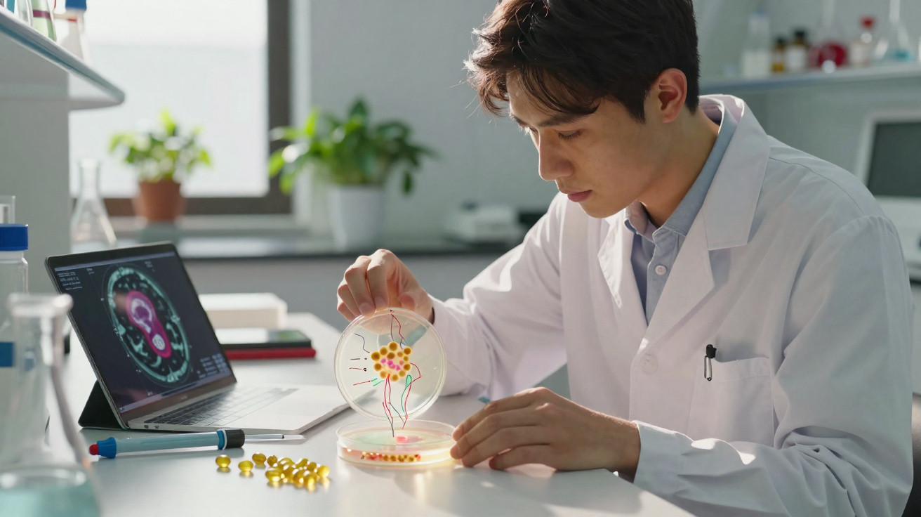 Cientista em bata branca analisa cultura de células em placa de Petri no laboratório com computador ao fundo.