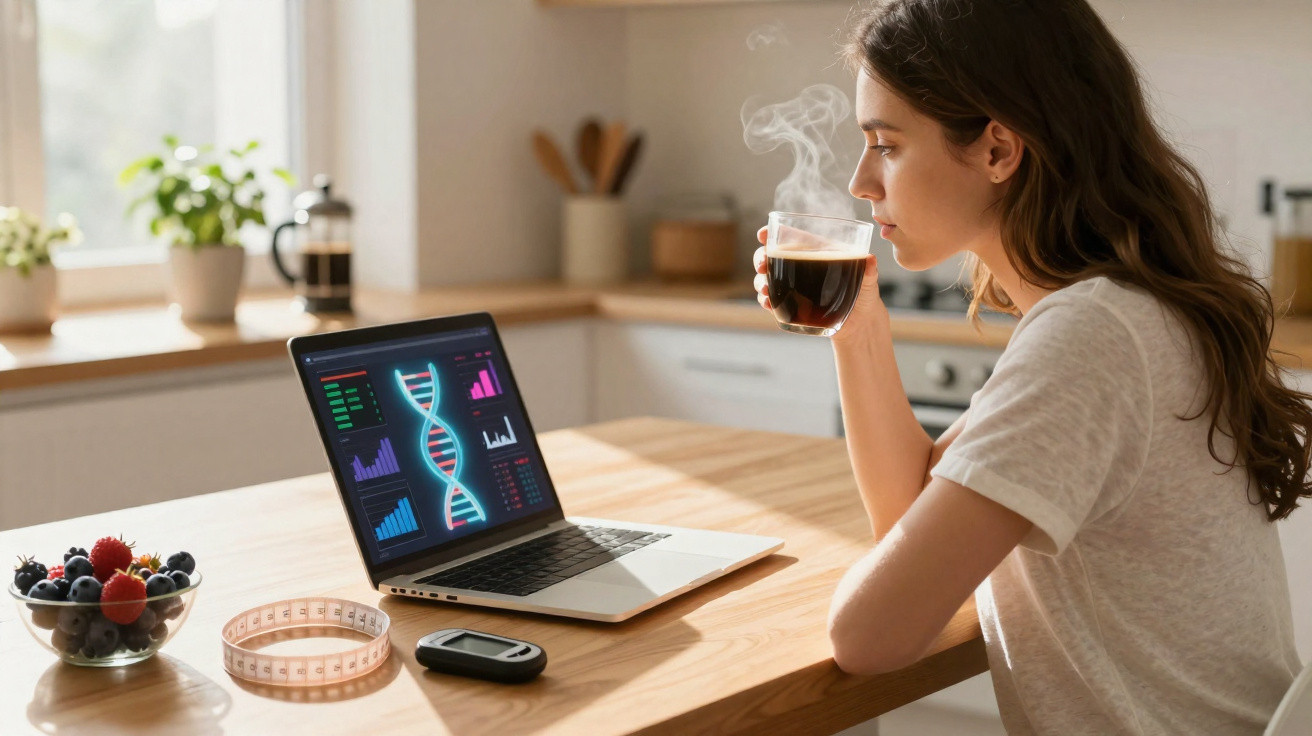 Mulher a beber café enquanto observa dados de saúde com gráficos e ADN num portátil na cozinha.