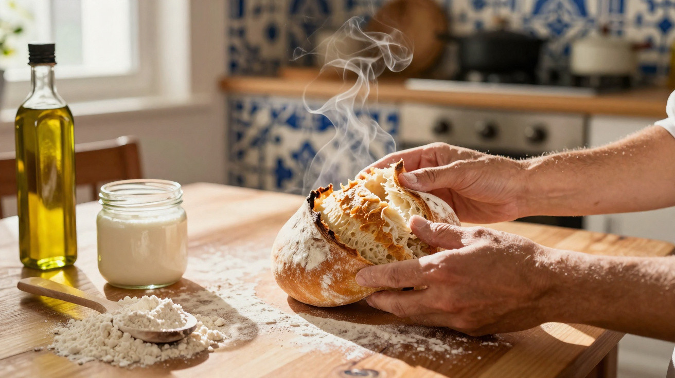 Mãos a partir pão fresco e fumegante sobre mesa de madeira com farinha, azeite e iogurte.