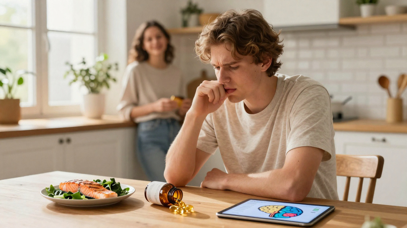 Jovem pensa preocupado com cápsulas e alimentos saudáveis à mesa, tablet com ilustração de cérebro.