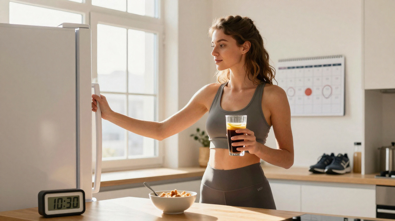 Mulher em roupa desportiva a abrir frigorífico, segurando copo com sumo, em cozinha luminosa.