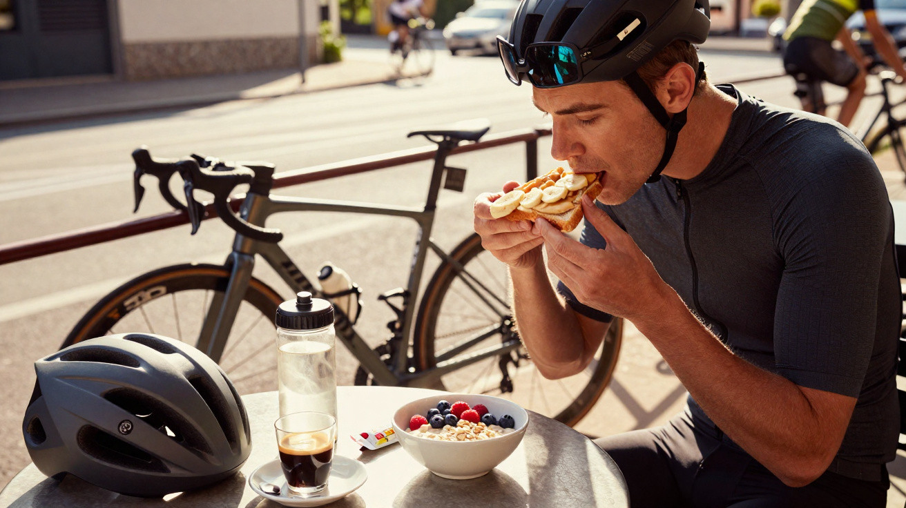Homem de capacete de ciclismo com roupa desportiva a comer uma tosta, com bicicleta e alimentos numa mesa à sua frente.