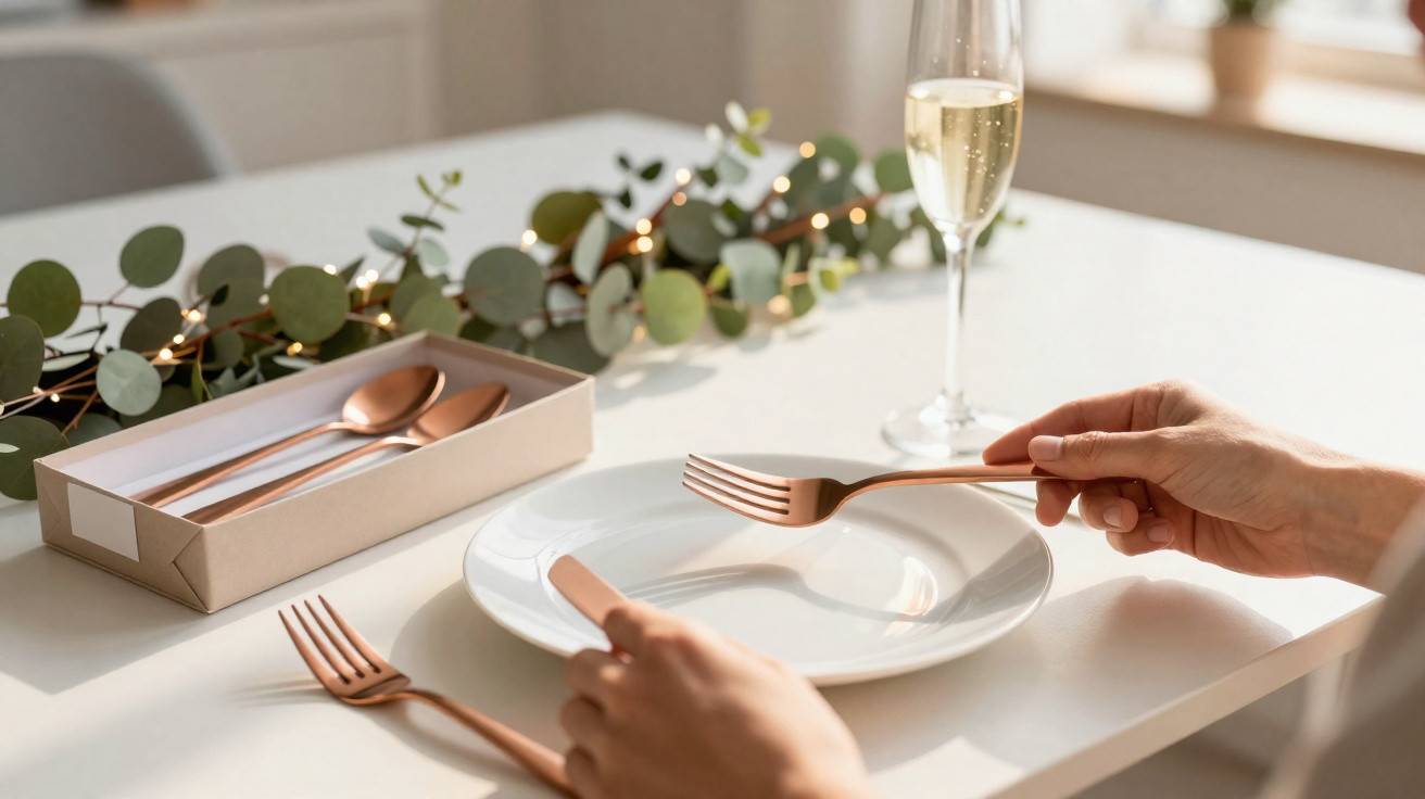 Mesa posta com talheres dourados, prato branco, copo de champanhe e decoração com folhas verdes.