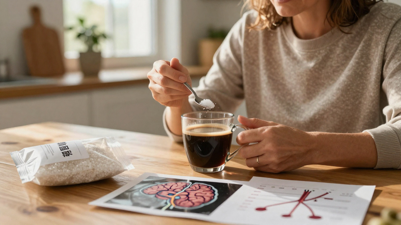 Pessoa a adicionar açúcar a uma chávena de café numa mesa com imagens do cérebro e neurónios.
