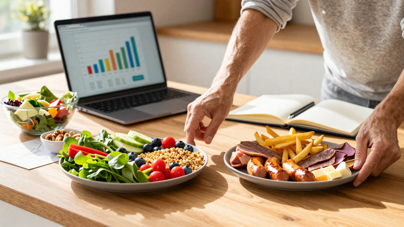 Pessoa escolhe prato com alimentos processados ao invés de salada saudável numa mesa com portátil e caderno.