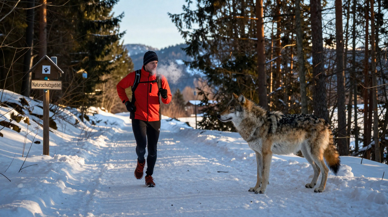 Homem a correr com roupa de inverno numa floresta nevada, encontro próximo com um lobo.